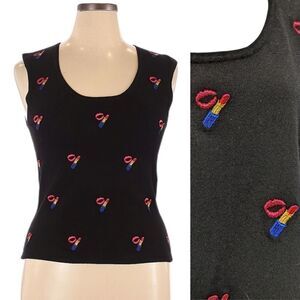 VINTAGE Erin Matthews Lipstick Lips Embroidered Sleeveless Sweater Vest XL